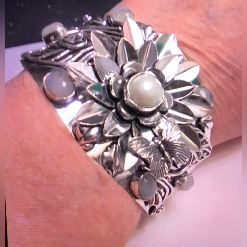 Pearl Moonstone Stamped Solid 925 Sterling Silver Cuff Bracelet